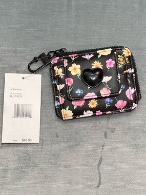 Betsey Johnson Black Floral Card Wallet with Heart Accent “XO FRENCH” with clip